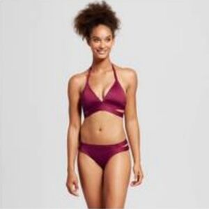 2 Pc Mossimo faux wrap swim suit bikini top + bottom deep Red L XL Cy